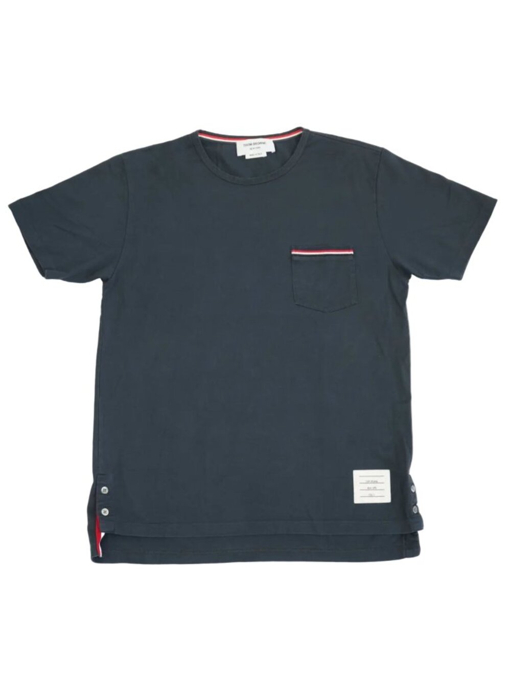 Thom Browne Navy Blue Grosgrain Trim Pocket T-Shirt Side Vent Size 2